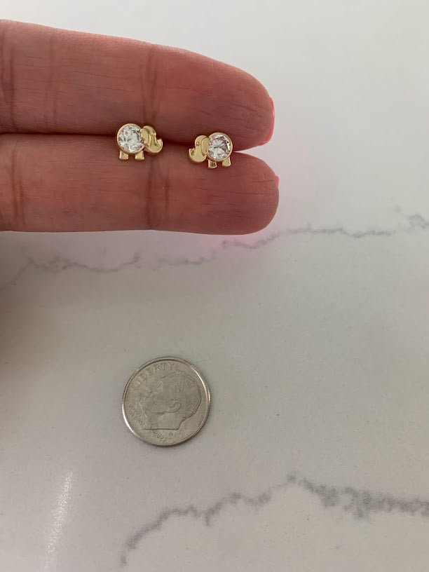 14K Bezel Clear Elephant Earrings, Dainty Earrings, Women Earrings, Kid Earrings, Solid Gold Elephant, Clear Elephants, Gold Earrings
