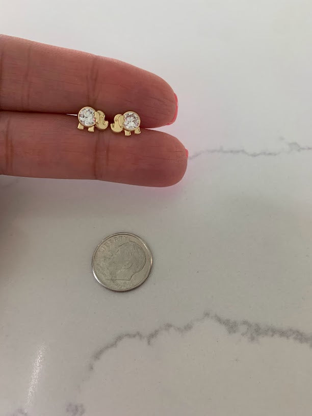 14K Bezel Clear Elephant Earrings, Dainty Earrings, Women Earrings, Kid Earrings, Solid Gold Elephant, Clear Elephants, Gold Earrings