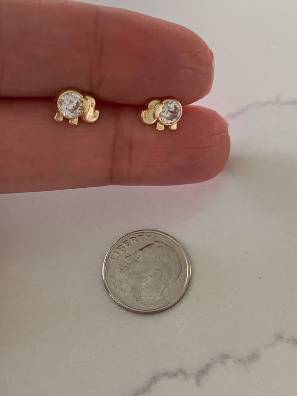 14K Bezel Clear Elephant Earrings, Dainty Earrings, Women Earrings, Kid Earrings, Solid Gold Elephant, Clear Elephants, Gold Earrings