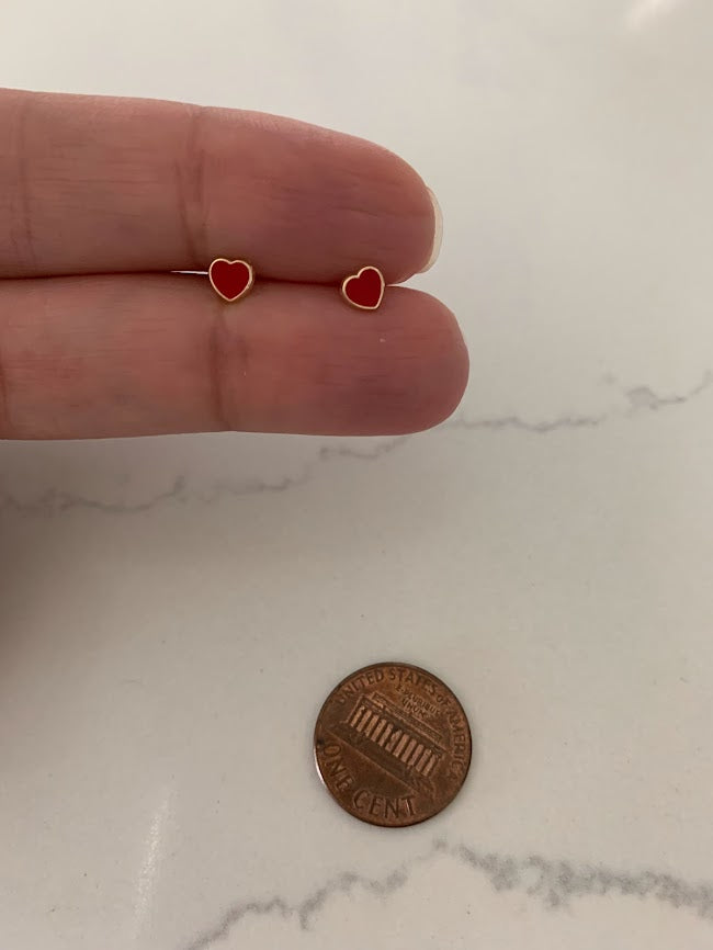 14K Solid Gold Enamel Heart Earrings | Dainty Red Hearts Stud Earrings | Pearl Earrings | Heart Studs | Girl Studs