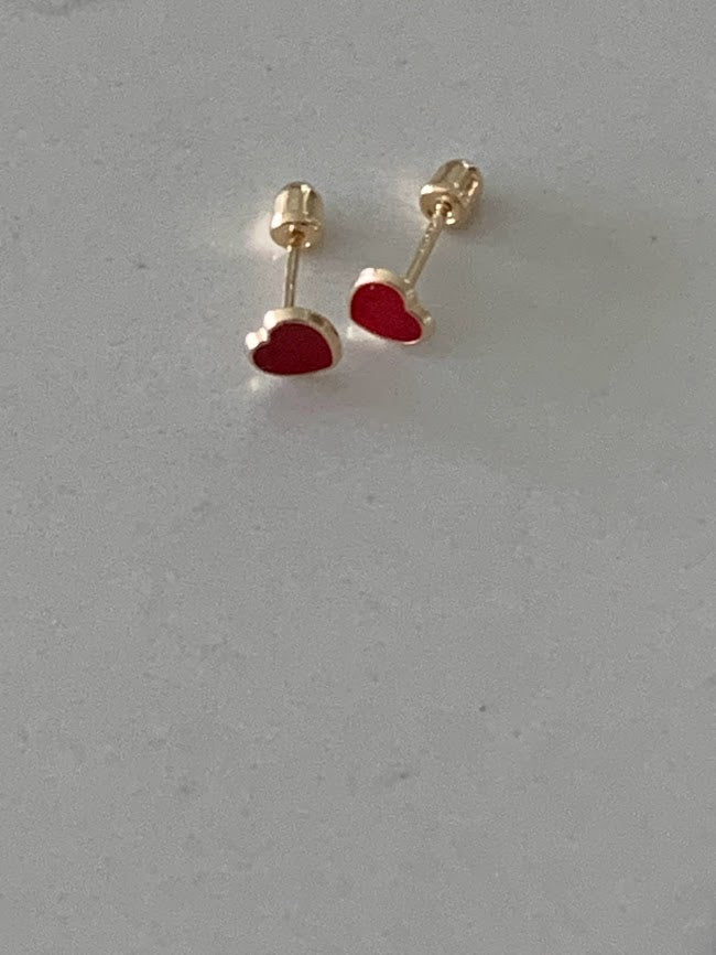 14K Solid Gold Enamel Heart Earrings | Dainty Red Hearts Stud Earrings | Pearl Earrings | Heart Studs | Girl Studs