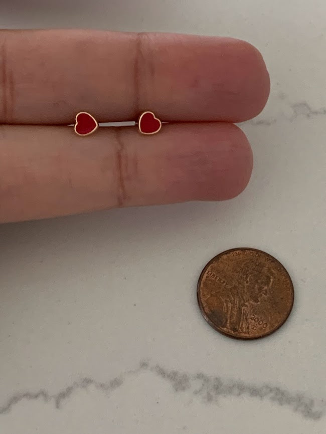 14K Solid Gold Enamel Heart Earrings | Dainty Red Hearts Stud Earrings | Pearl Earrings | Heart Studs | Girl Studs