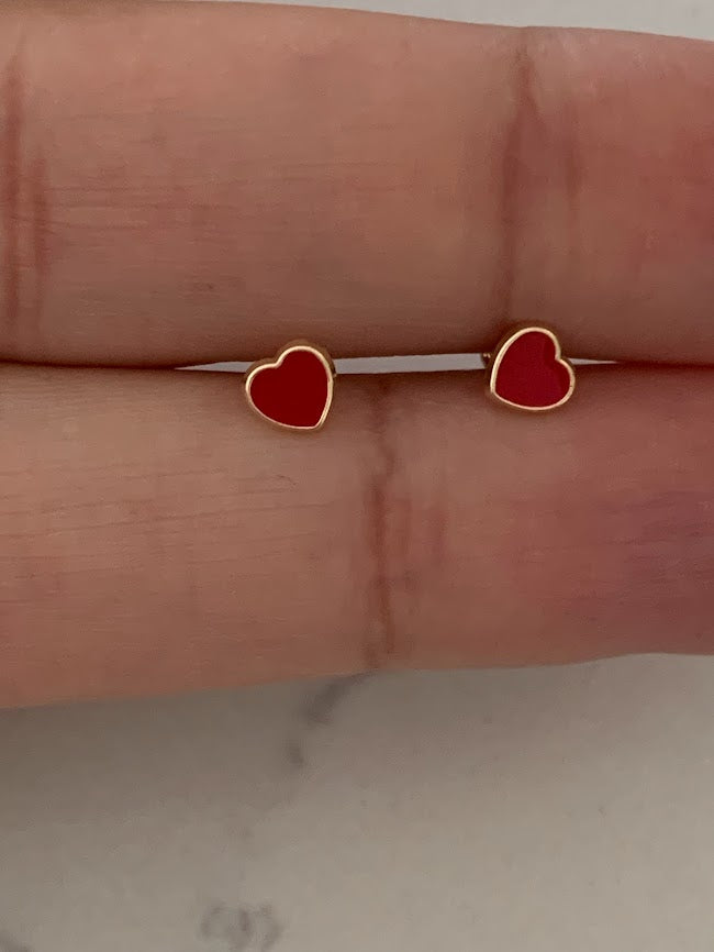 14K Solid Gold Enamel Heart Earrings | Dainty Red Hearts Stud Earrings | Pearl Earrings | Heart Studs | Girl Studs