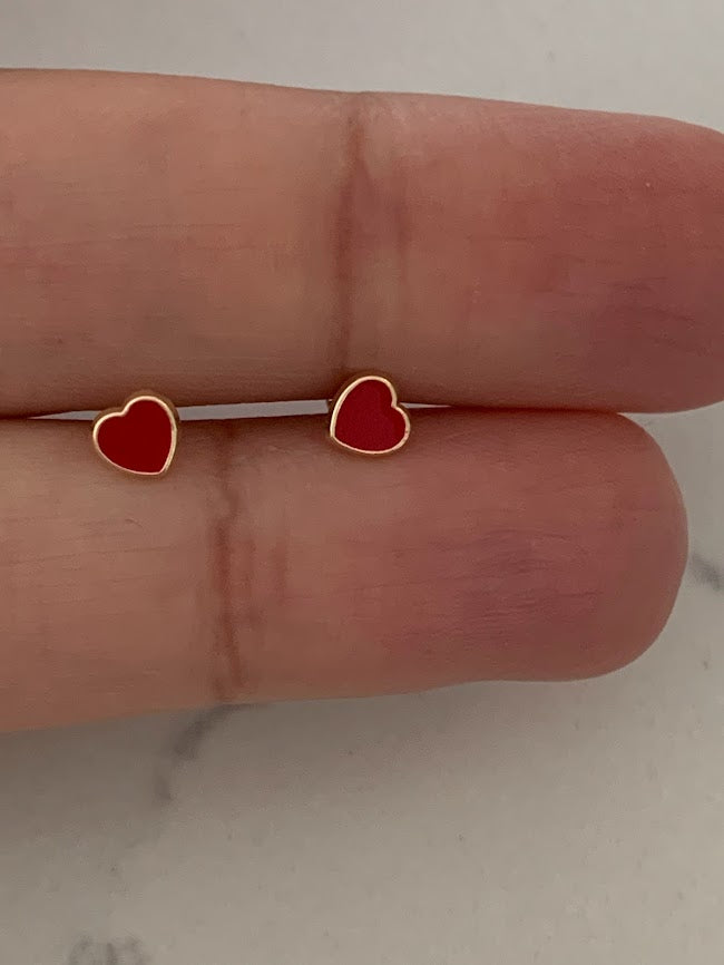 14K Solid Gold Enamel Heart Earrings | Dainty Red Hearts Stud Earrings | Pearl Earrings | Heart Studs | Girl Studs