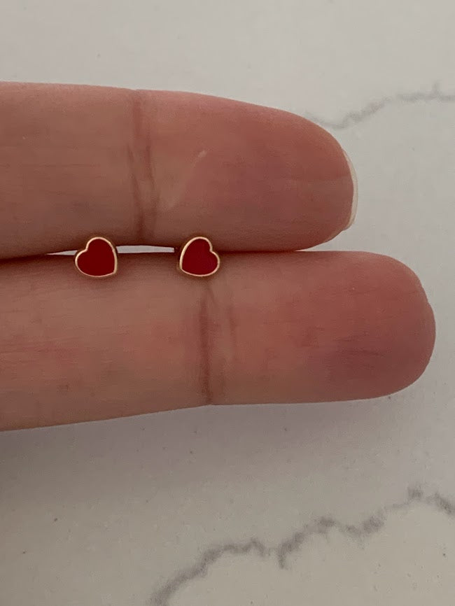 14K Solid Gold Enamel Heart Earrings | Dainty Red Hearts Stud Earrings | Pearl Earrings | Heart Studs | Girl Studs