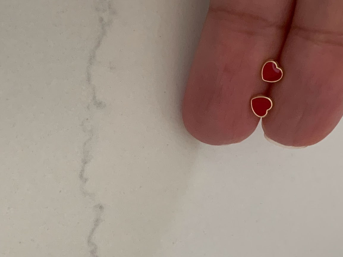 14K Solid Gold Enamel Heart Earrings | Dainty Red Hearts Stud Earrings | Pearl Earrings | Heart Studs | Girl Studs