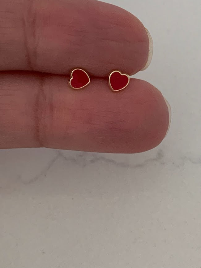 14K Solid Gold Enamel Heart Earrings | Dainty Red Hearts Stud Earrings | Pearl Earrings | Heart Studs | Girl Studs