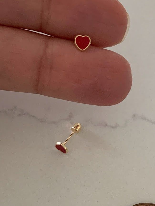 14K Solid Gold Enamel Heart Earrings | Dainty Red Hearts Stud Earrings | Pearl Earrings | Heart Studs | Girl Studs