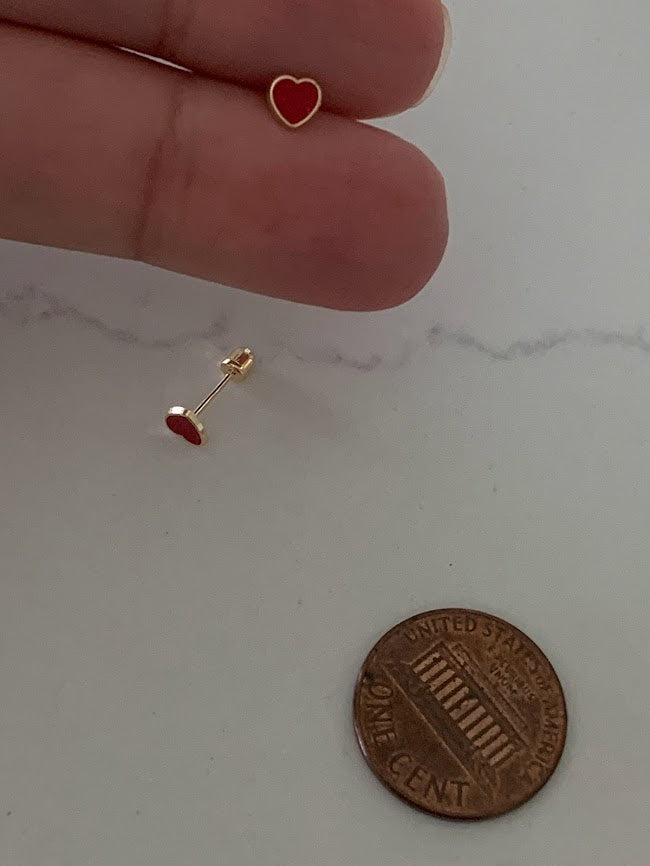14K Solid Gold Enamel Heart Earrings | Dainty Red Hearts Stud Earrings | Pearl Earrings | Heart Studs | Girl Studs