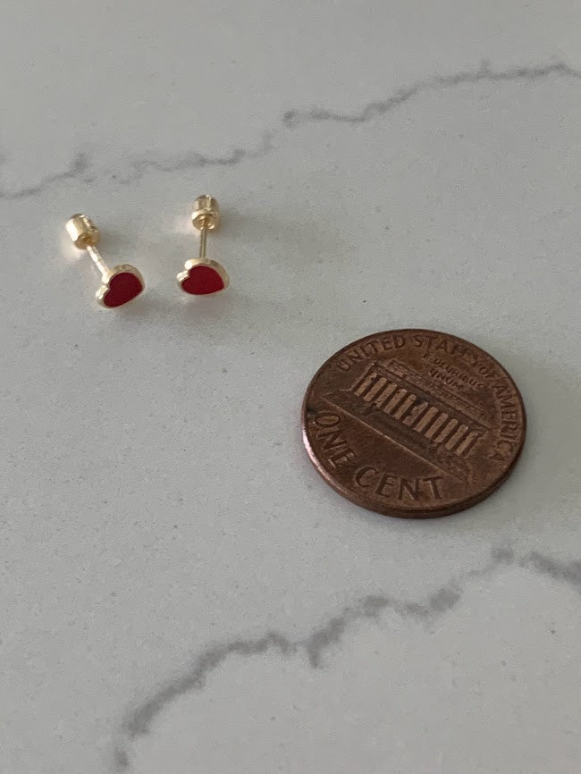14K Solid Gold Enamel Heart Earrings | Dainty Red Hearts Stud Earrings | Pearl Earrings | Heart Studs | Girl Studs
