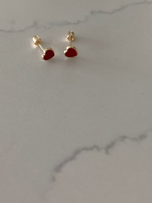 14K Solid Gold Enamel Heart Earrings | Dainty Red Hearts Stud Earrings | Pearl Earrings | Heart Studs | Girl Studs