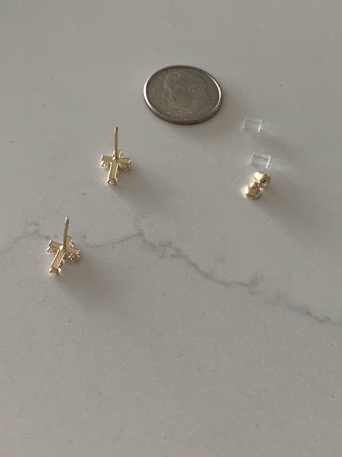 14K Gold Cross Earrings | Dainty Cubic Zirconia Cross Earrings | Gold Cross Studs | Minimalist Earrings | Baptism or Confirmation Gift