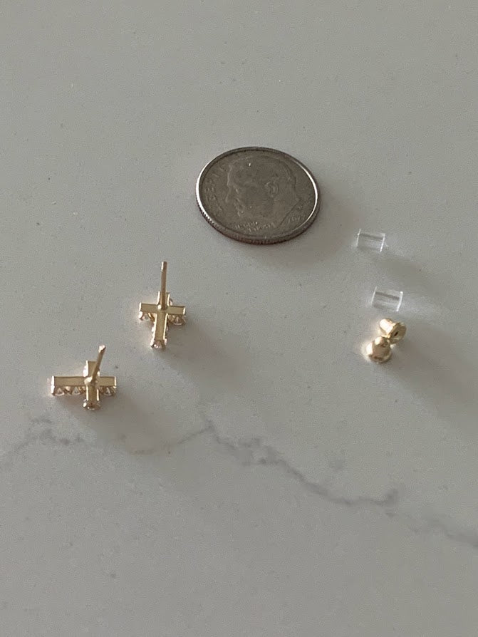14K Gold Cross Earrings | Dainty Cubic Zirconia Cross Earrings | Gold Cross Studs | Minimalist Earrings | Baptism or Confirmation Gift