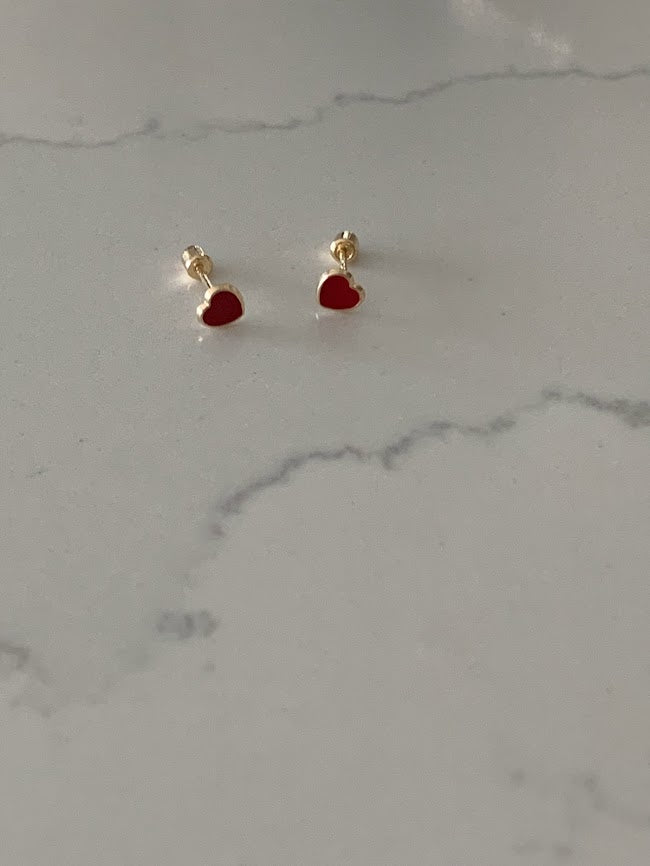 14K Solid Gold Enamel Heart Earrings | Dainty Red Hearts Stud Earrings | Pearl Earrings | Heart Studs | Girl Studs