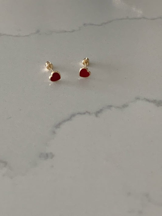 14K Solid Gold Enamel Heart Earrings | Dainty Red Hearts Stud Earrings | Pearl Earrings | Heart Studs | Girl Studs