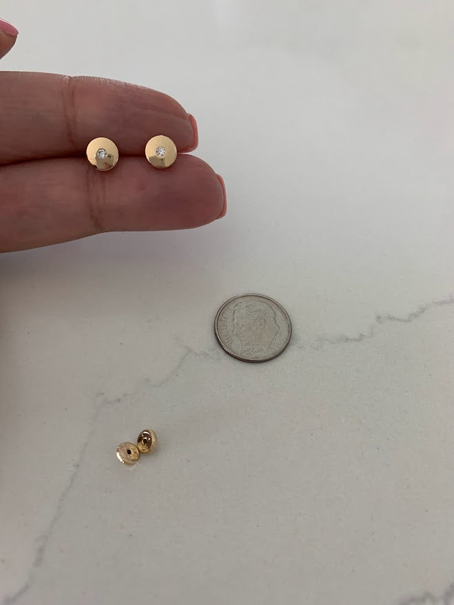 14K Yellow Gold Bezel Stud Earrings, Solitaire Earrings, Cubic Zirconia Studs, Dainty Bezel Studs, 7MM Shiny Everyday Earrings