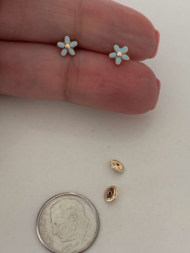 14k Gold Daisy Studs, Enamel Daisy Flower Stud Earrings in 14K Gold, Daisy Flower Earrings, Tiny Flower Earrings, Light Blue Flower Earrings