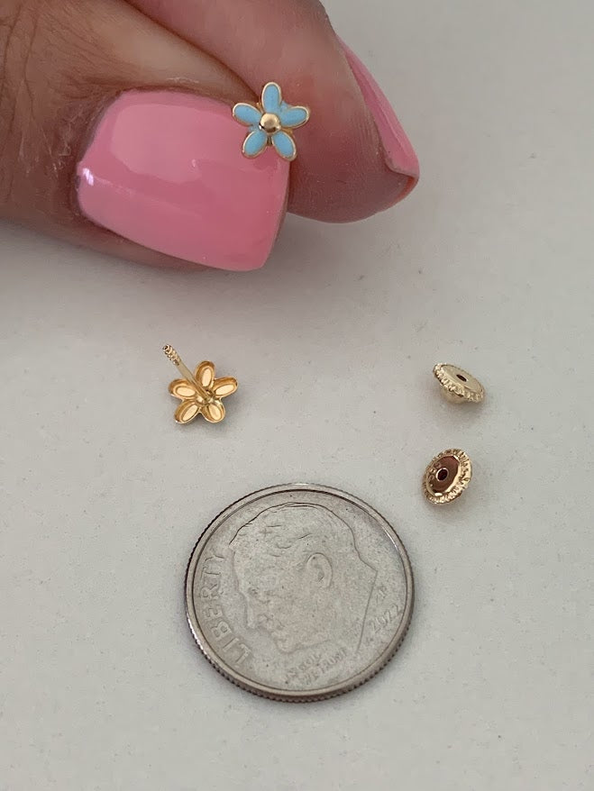 14k Gold Daisy Studs, Enamel Daisy Flower Stud Earrings in 14K Gold, Daisy Flower Earrings, Tiny Flower Earrings, Light Blue Flower Earrings