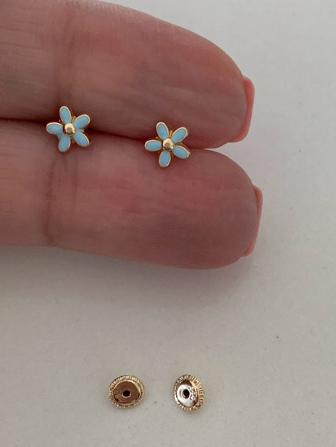 14k Gold Daisy Studs, Enamel Daisy Flower Stud Earrings in 14K Gold, Daisy Flower Earrings, Tiny Flower Earrings, Light Blue Flower Earrings
