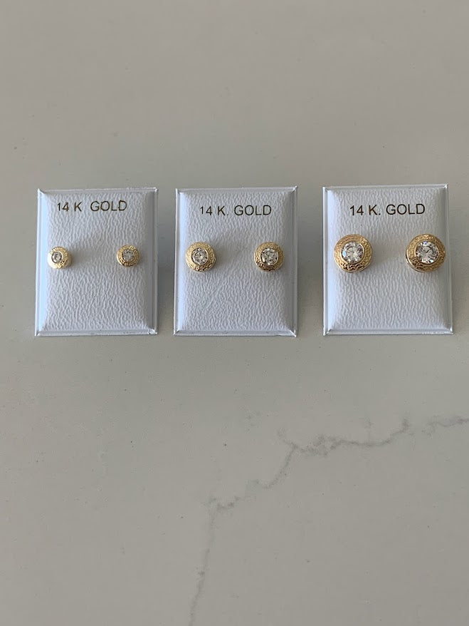 14K Gold Bezel Stud Earrings, Bezel Set Diamond Alike Earrings Studs 14k Gold Earrings, Greek Key Design Studs, 5MM, 7MM, 9MM Bezel Studs