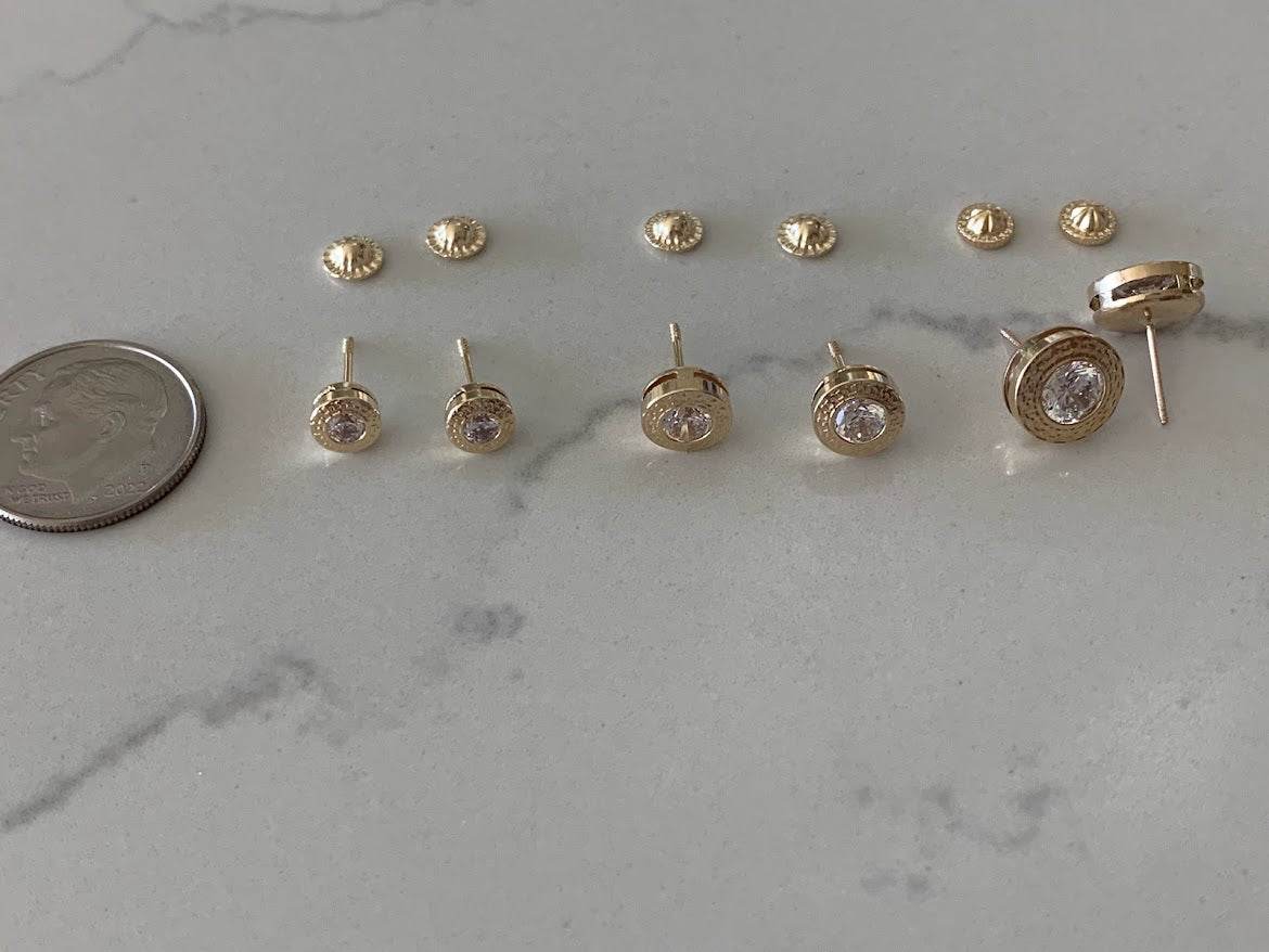14K Gold Bezel Stud Earrings, Bezel Set Diamond Alike Earrings Studs 14k Gold Earrings, Greek Key Design Studs, 5MM, 7MM, 9MM Bezel Studs