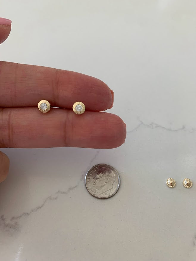 14K Gold Bezel Stud Earrings, Bezel Set Diamond Alike Earrings Studs 14k Gold Earrings, Greek Key Design Studs, 5MM, 7MM, 9MM Bezel Studs