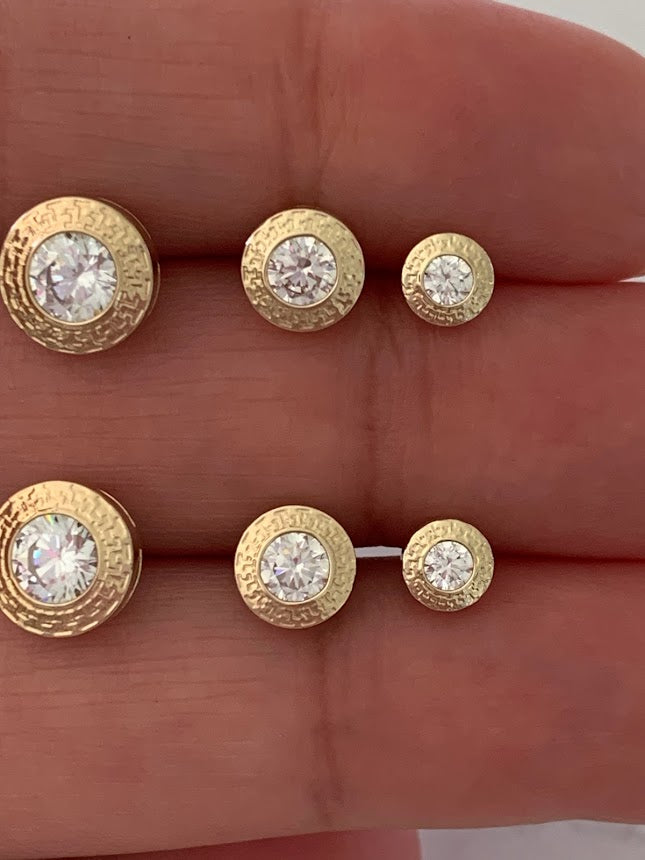 14K Gold Bezel Stud Earrings, Bezel Set Diamond Alike Earrings Studs 14k Gold Earrings, Greek Key Design Studs, 5MM, 7MM, 9MM Bezel Studs