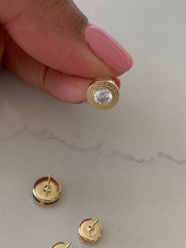 14K Gold Bezel Stud Earrings, Bezel Set Diamond Alike Earrings Studs 14k Gold Earrings, Greek Key Design Studs, 5MM, 7MM, 9MM Bezel Studs