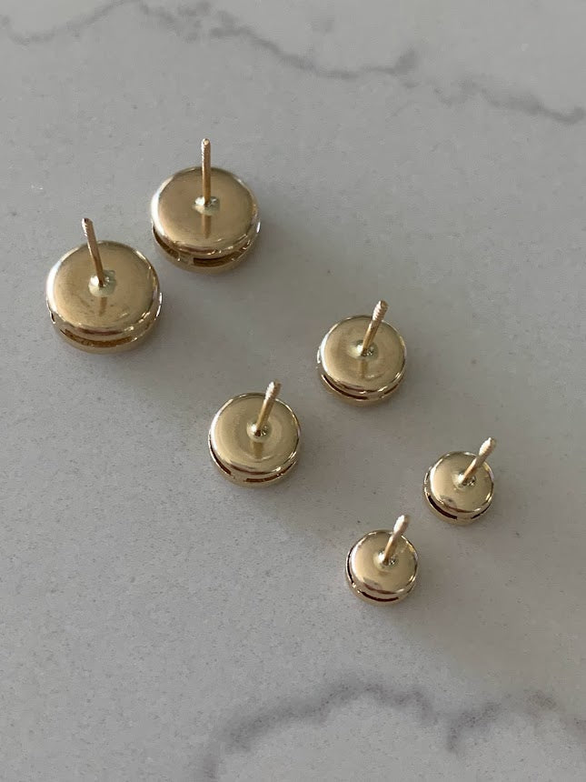 14K Gold Bezel Stud Earrings, Bezel Set Diamond Alike Earrings Studs 14k Gold Earrings, Greek Key Design Studs, 5MM, 7MM, 9MM Bezel Studs