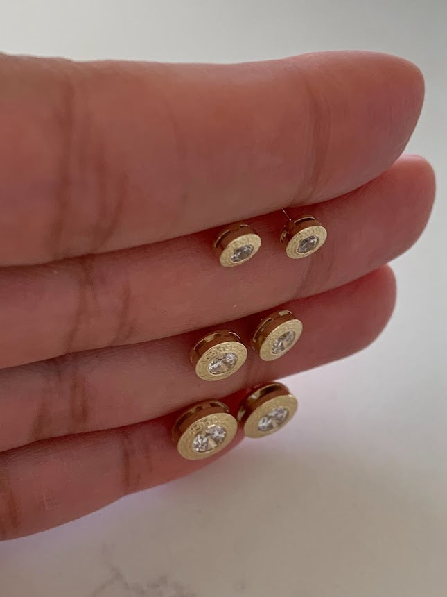 14K Gold Bezel Stud Earrings, Bezel Set Diamond Alike Earrings Studs 14k Gold Earrings, Greek Key Design Studs, 5MM, 7MM, 9MM Bezel Studs