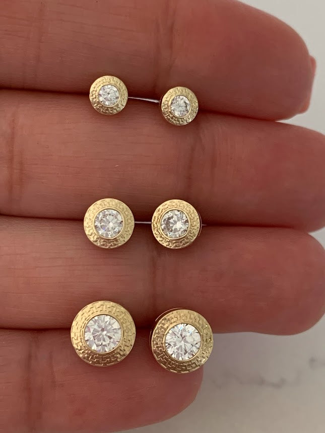 14K Gold Bezel Stud Earrings, Bezel Set Diamond Alike Earrings Studs 14k Gold Earrings, Greek Key Design Studs, 5MM, 7MM, 9MM Bezel Studs