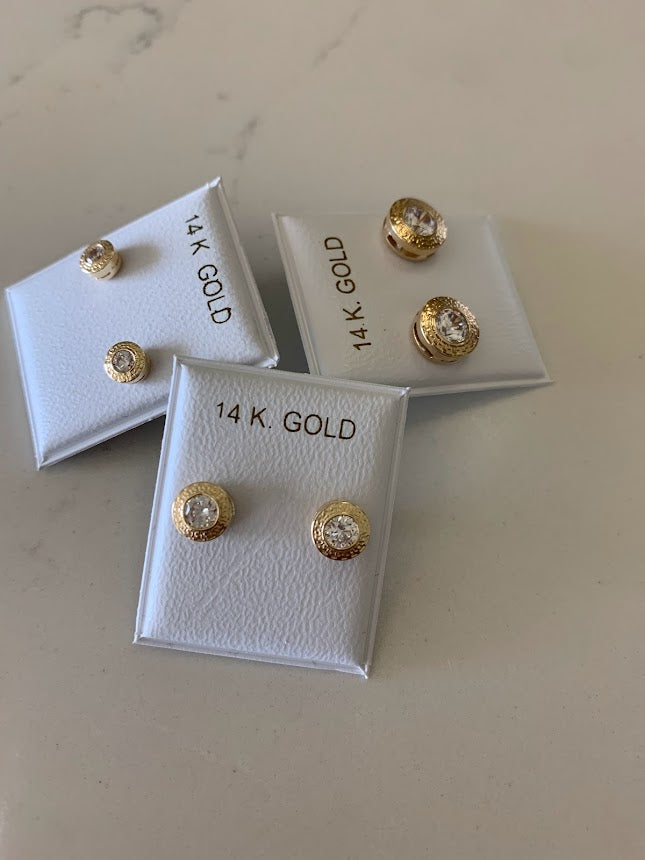 14K Gold Bezel Stud Earrings, Bezel Set Diamond Alike Earrings Studs 14k Gold Earrings, Greek Key Design Studs, 5MM, 7MM, 9MM Bezel Studs