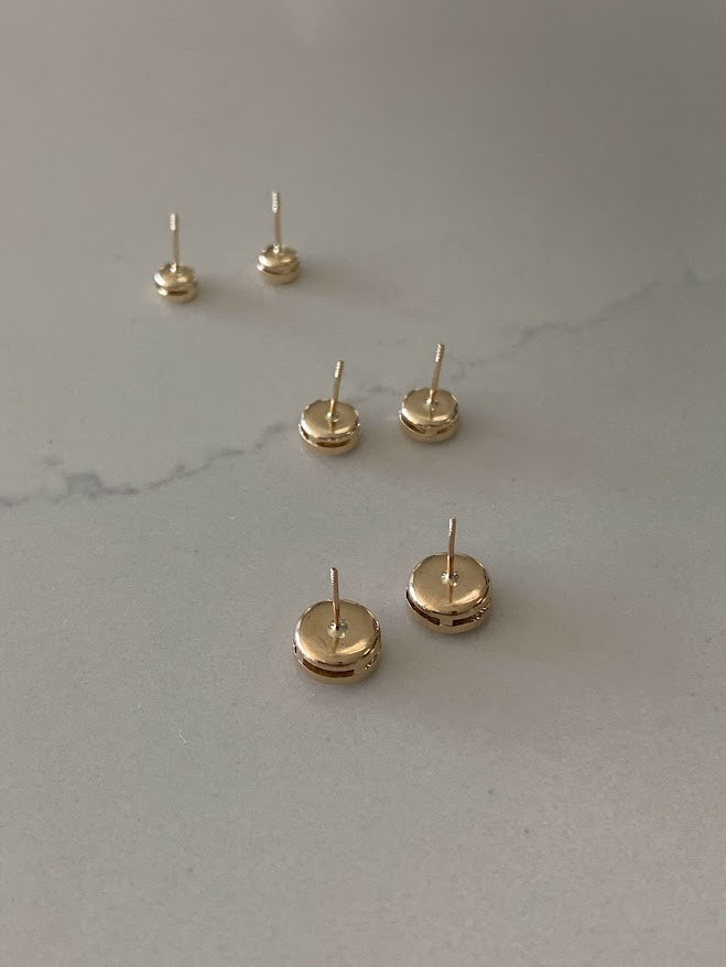 14K Gold Bezel Stud Earrings, Bezel Set Diamond Alike Earrings Studs 14k Gold Earrings, Greek Key Design Studs, 5MM, 7MM, 9MM Bezel Studs