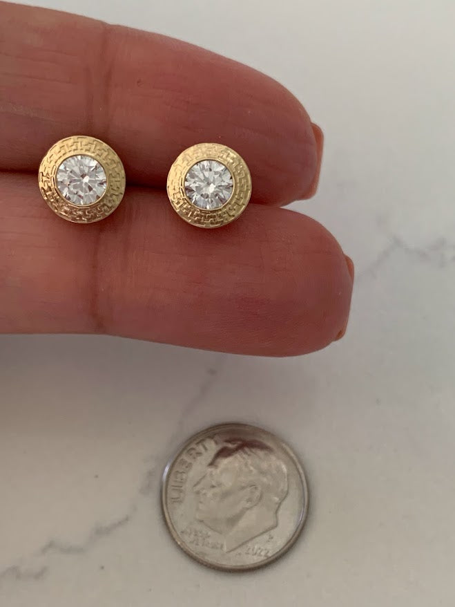 14K Gold Bezel Stud Earrings, Bezel Set Diamond Alike Earrings Studs 14k Gold Earrings, Greek Key Design Studs, 5MM, 7MM, 9MM Bezel Studs