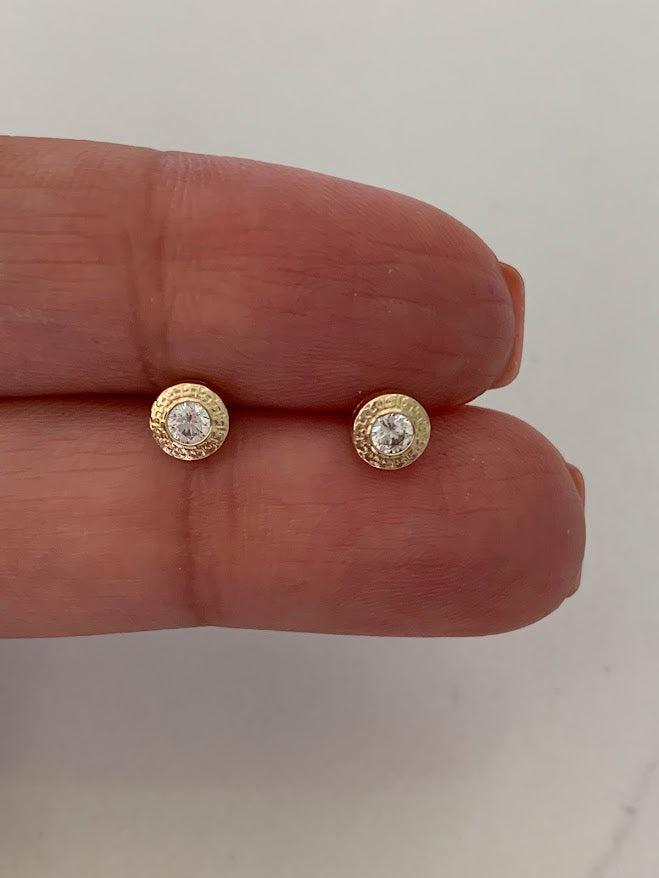 14K Gold Bezel Stud Earrings, Bezel Set Diamond Alike Earrings Studs 14k Gold Earrings, Greek Key Design Studs, 5MM, 7MM, 9MM Bezel Studs