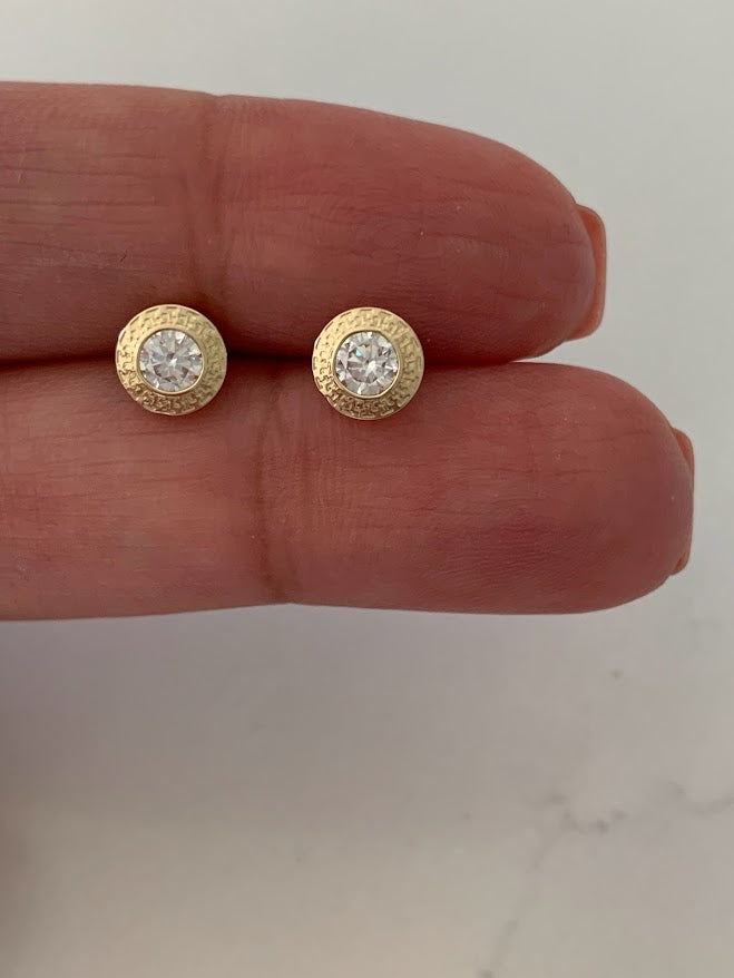14K Gold Bezel Stud Earrings, Bezel Set Diamond Alike Earrings Studs 14k Gold Earrings, Greek Key Design Studs, 5MM, 7MM, 9MM Bezel Studs