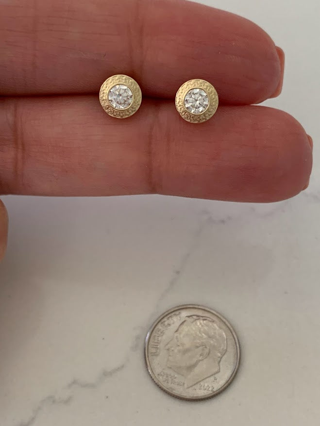 14K Gold Bezel Stud Earrings, Bezel Set Diamond Alike Earrings Studs 14k Gold Earrings, Greek Key Design Studs, 5MM, 7MM, 9MM Bezel Studs