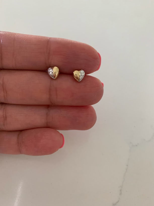 14K Gold 6MM Puffed Two Tone Heart Studs • Screw Back Heart Earrings