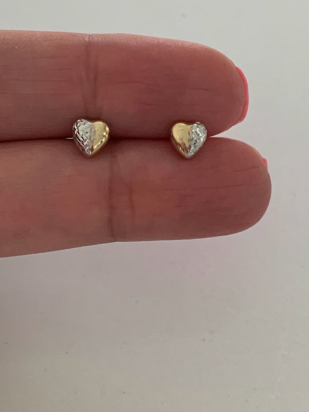 14K Gold 6MM Puffed Two Tone Heart Studs • Screw Back Heart Earrings