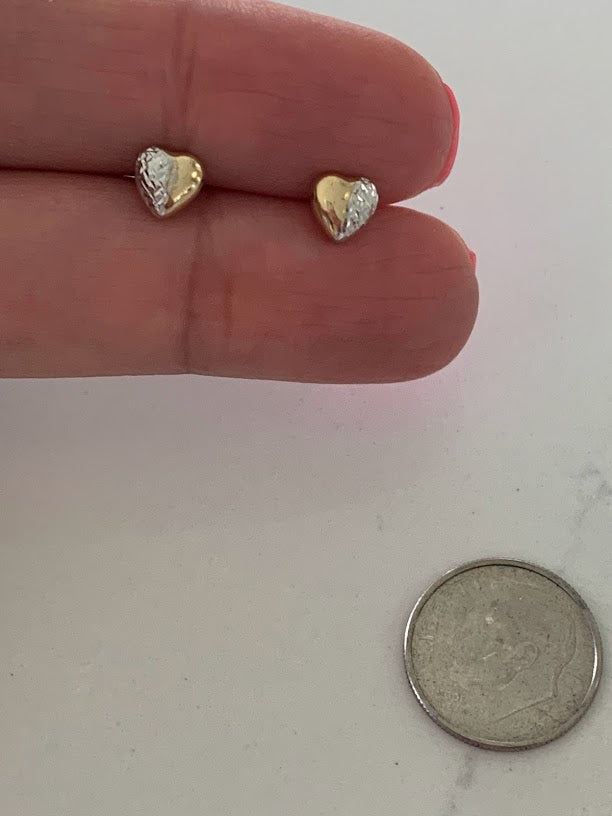14K Gold 6MM Puffed Two Tone Heart Studs • Screw Back Heart Earrings