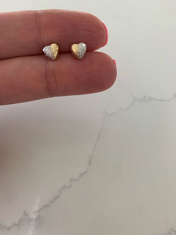 14K Gold 6MM Puffed Two Tone Heart Studs • Screw Back Heart Earrings