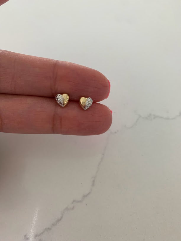14K Gold 6MM Puffed Two Tone Heart Studs • Screw Back Heart Earrings