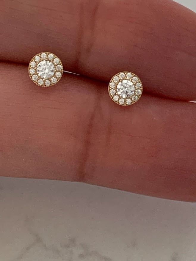 14K Yellow Pave 4-Prong Stud Earrings, Very Sparkly Prong Solitaire Earrings, Cubic Zirconia Studs, Studs, 6MM Shiny CZ Studs
