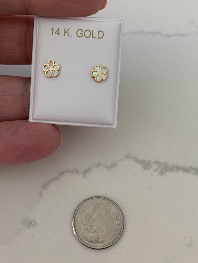 14K Yellow Gold Mother of Pearl Flower Stud Earrings,Flower Earrings, Mother of Pearl Studs, Studs, 6MM Shiny Flower Studs
