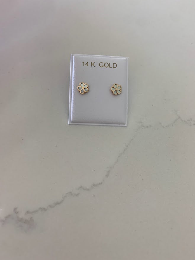 14K Yellow Gold Mother of Pearl Flower Stud Earrings,Flower Earrings, Mother of Pearl Studs, Studs, 6MM Shiny Flower Studs