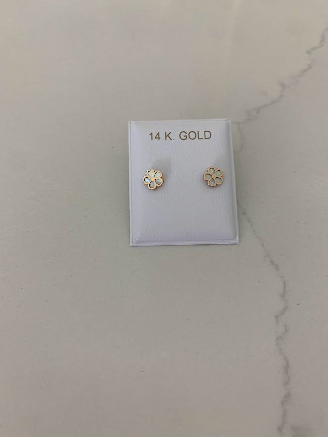 14K Yellow Gold Mother of Pearl Flower Stud Earrings,Flower Earrings, Mother of Pearl Studs, Studs, 6MM Shiny Flower Studs