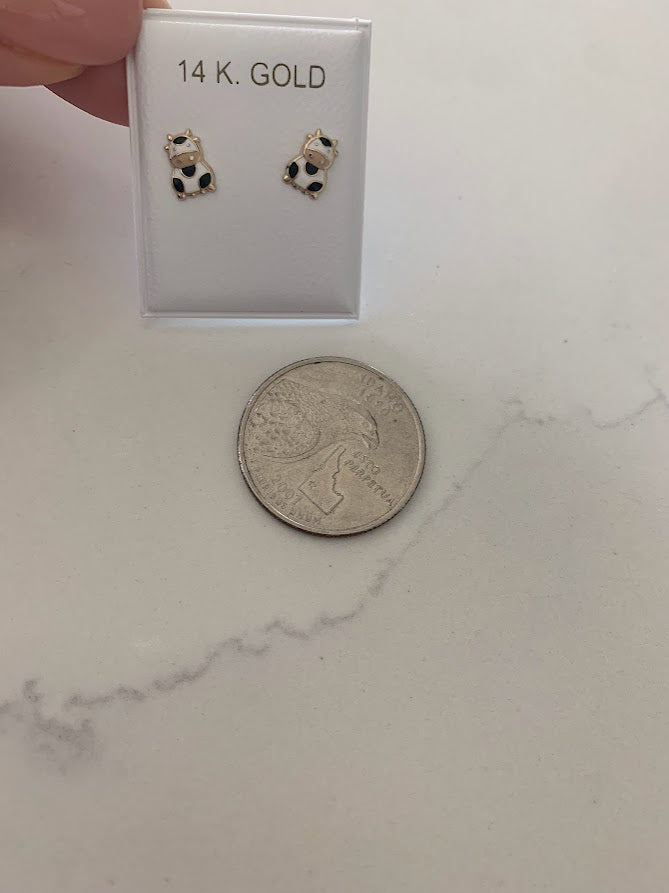 14K Solid Yellow Gold Cow Earrings, Enamel Cow Earrings, Girl Earrings, Children Earring, Girl Studs