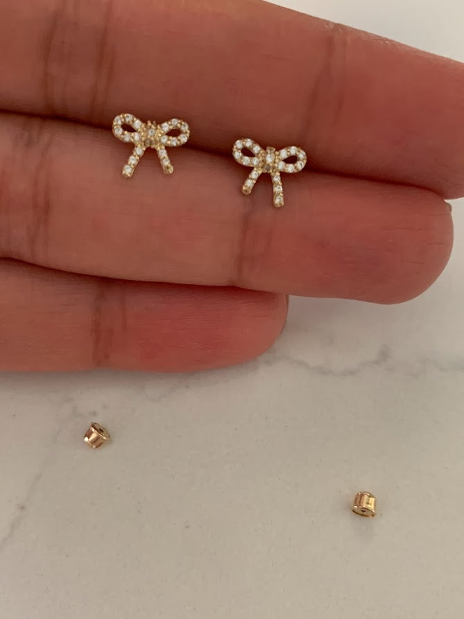 14K Solid Gold Lasso Bow Earrings, Screw backs, Solid Gold, Gold Bow Earrings, Dainty Ribbon Bow Stud Earrings
