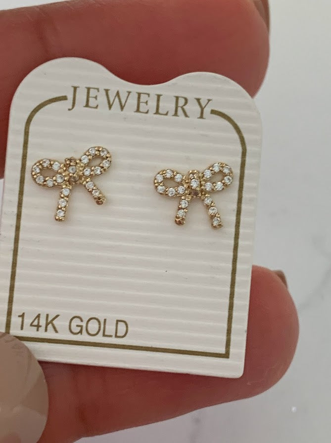 14K Solid Gold Lasso Bow Earrings, Screw backs, Solid Gold, Gold Bow Earrings, Dainty Ribbon Bow Stud Earrings