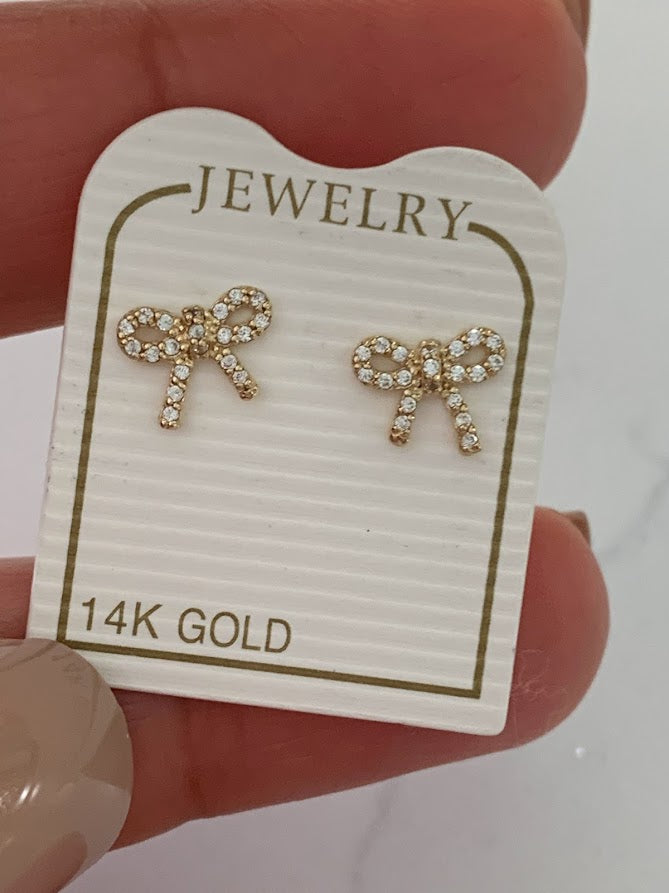 14K Solid Gold Lasso Bow Earrings, Screw backs, Solid Gold, Gold Bow Earrings, Dainty Ribbon Bow Stud Earrings